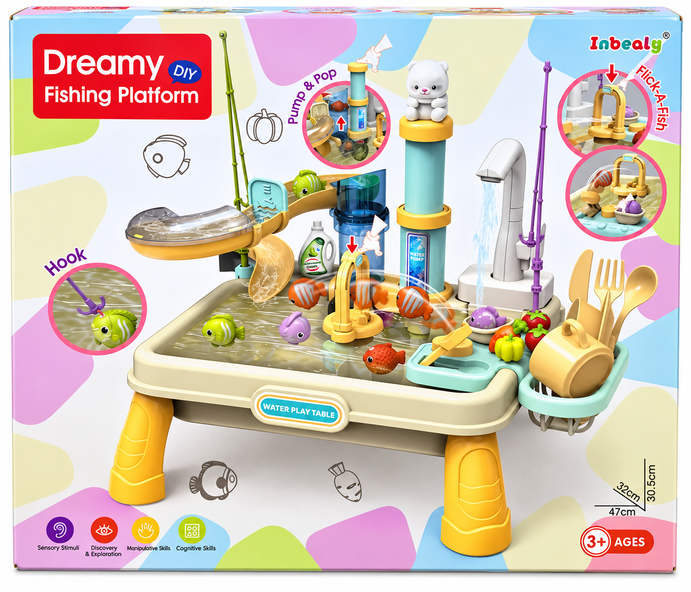 میز آببازی و ماهیگیری کودک Dreamy Fishing Platform با پمپ آب، قلاب ماهیگیری و لوازم بازی آشپزخانه