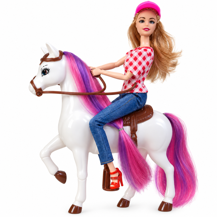 عروسک سوارکار همراه اسب یال رنگی