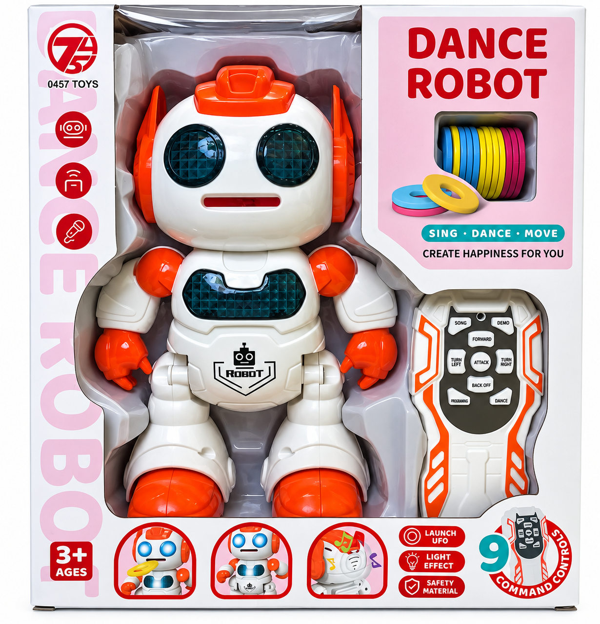 ربات کنترلی Dance Robot سفید و نارنجی با ریموت و دیسک‌های پرتابی رنگی