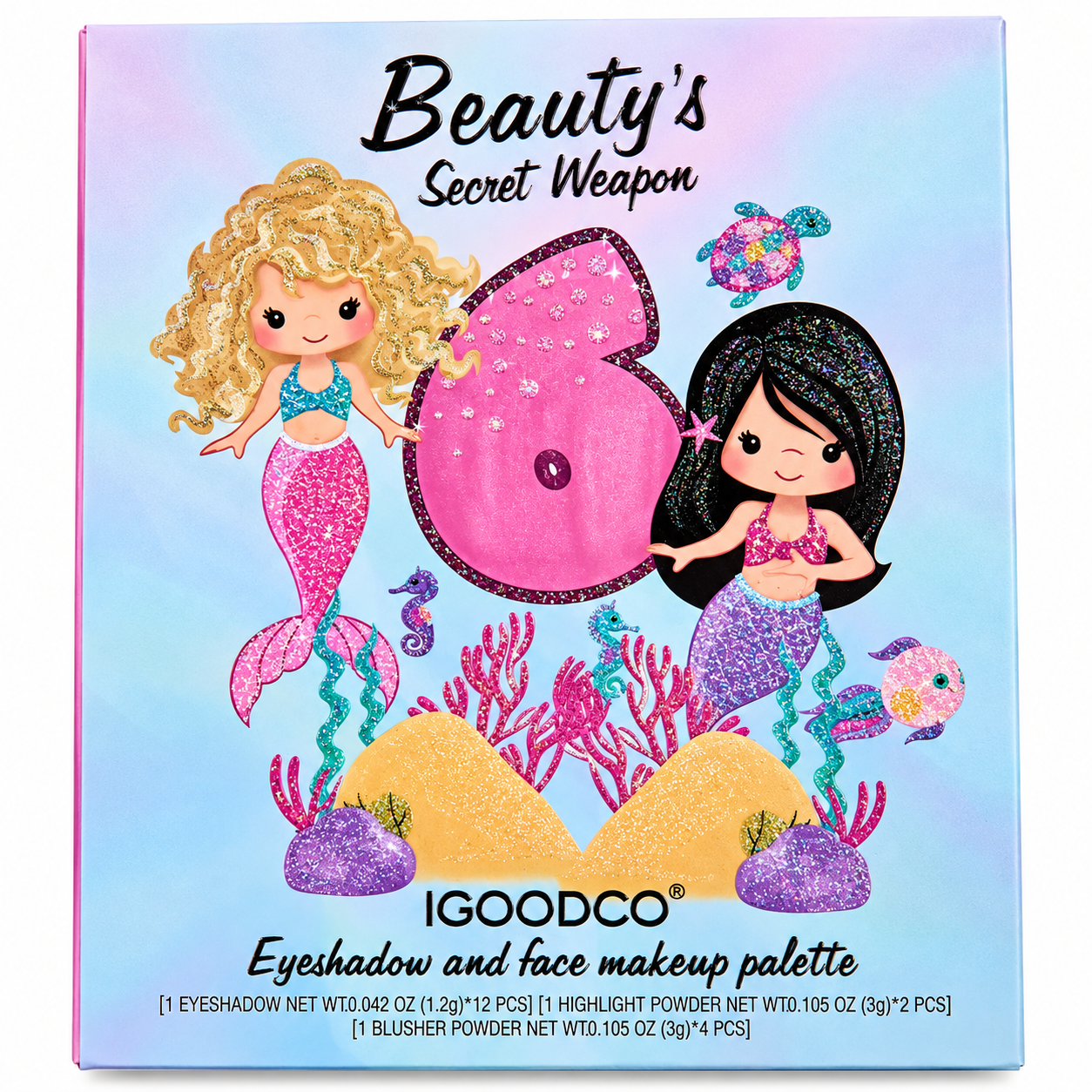 پالت آرایشی پری دریایی IGOODCO مدل Beauty’s Secret Weapon با ۱۲ سایه چشم، هایلایتر و رژگونه
